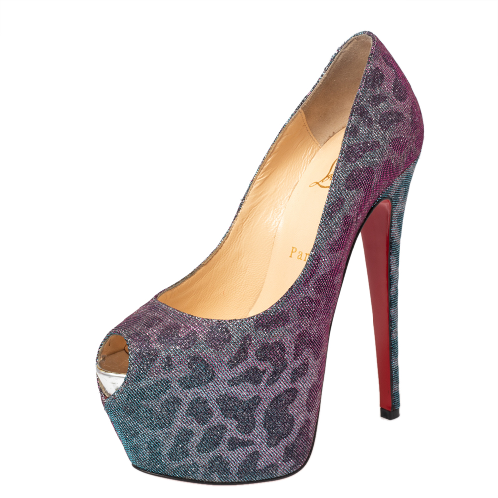 luxury-women-christian-louboutin-used-shoes-p534233-002-2 Christian Louboutin Multicolor Leopard Print Lurex Highness Peep Toe Platform Pumps Size 36.5
