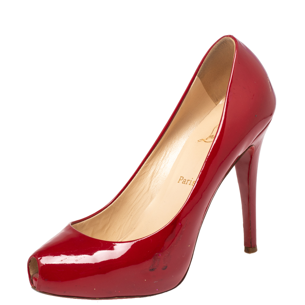 luxury-women-christian-louboutin-used-shoes-p534384-004-2 Christian Louboutin Red Patent Leather Peep Toe Platform Pumps Size 38