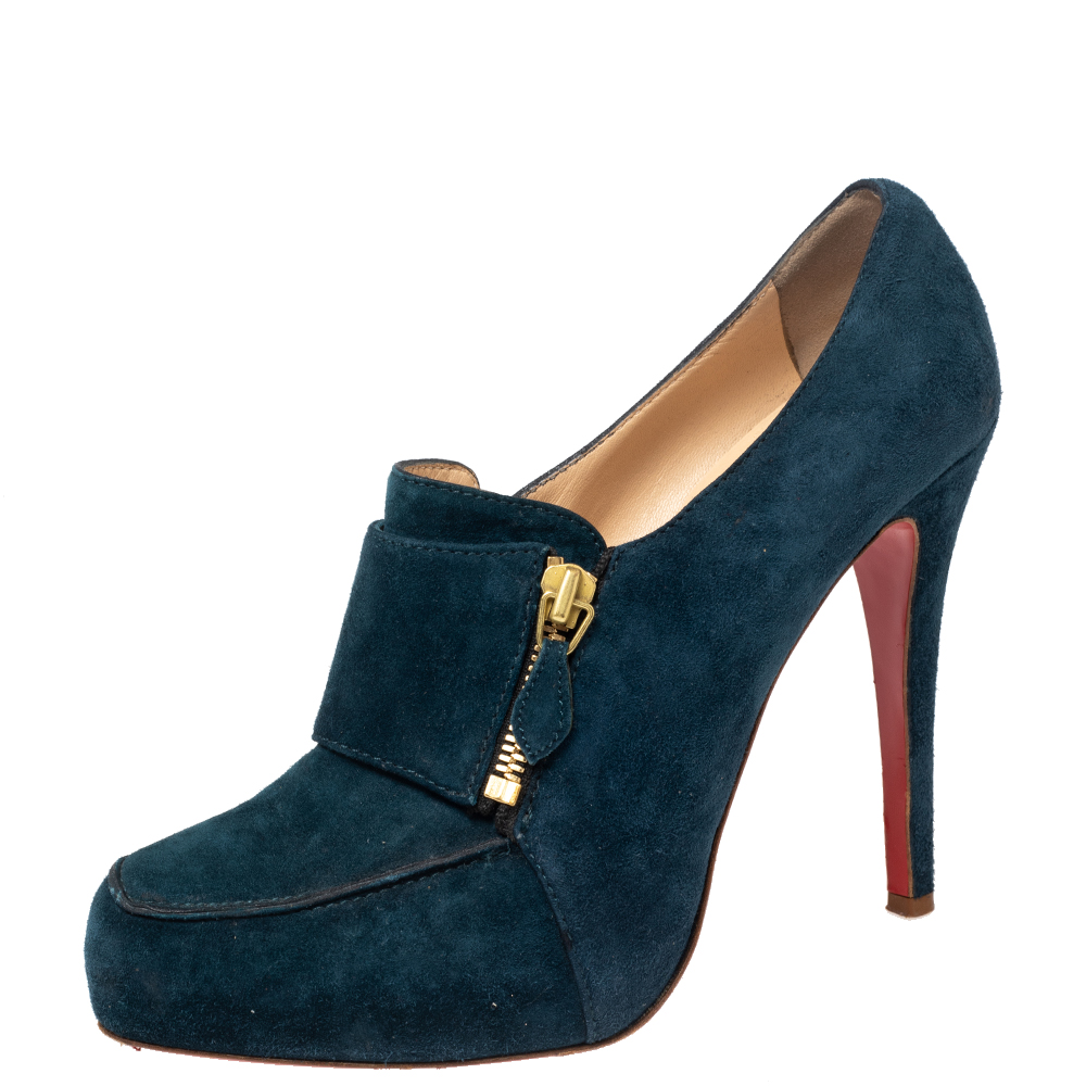 luxury-women-christian-louboutin-used-shoes-p534386-002-1 Christian Louboutin Teal Blue Suede Loafer Booties Size 39