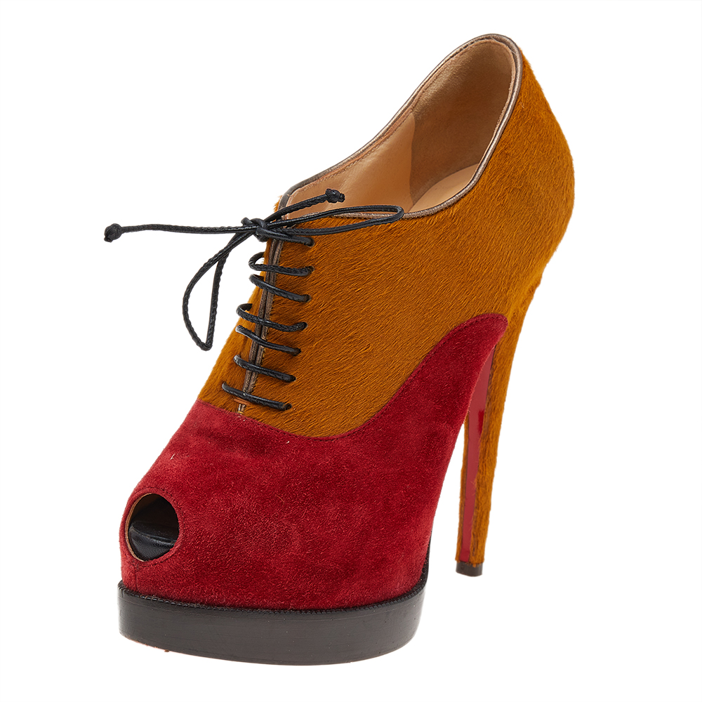 luxury-women-christian-louboutin-used-shoes-p534816-006-2 Christian Louboutin Yellow/Red Pony Hair And Suede Miss Poppins Peep Toe Platform Booties Size 36.5