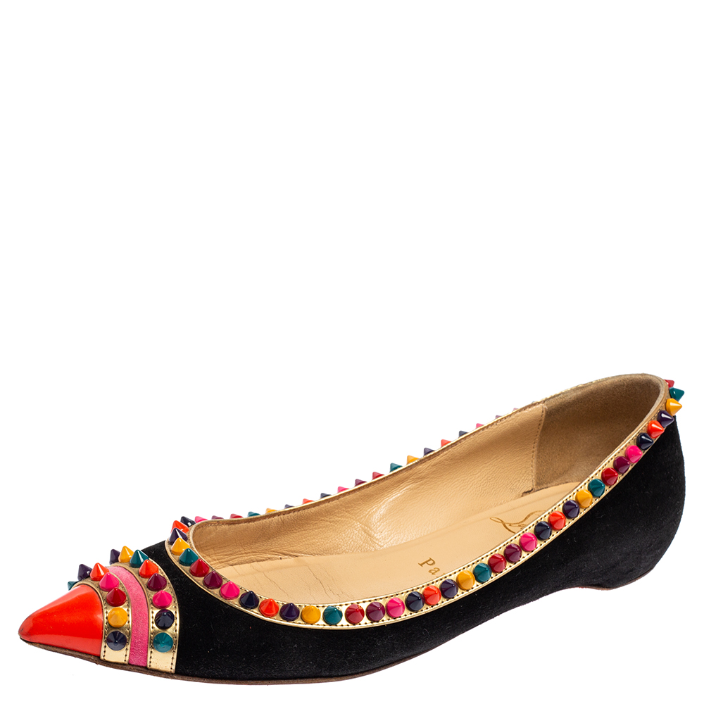 luxury-women-christian-louboutin-used-shoes-p534889-003 Christian Louboutin Black Suede Embellished Ballet Flats Size 35.5