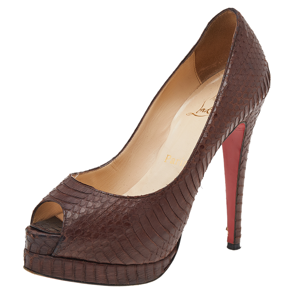 luxury-women-christian-louboutin-used-shoes-p549884-004-1 Christian Louboutin Brown Python Embossed Leather Peep Toe Pumps Size 36.5