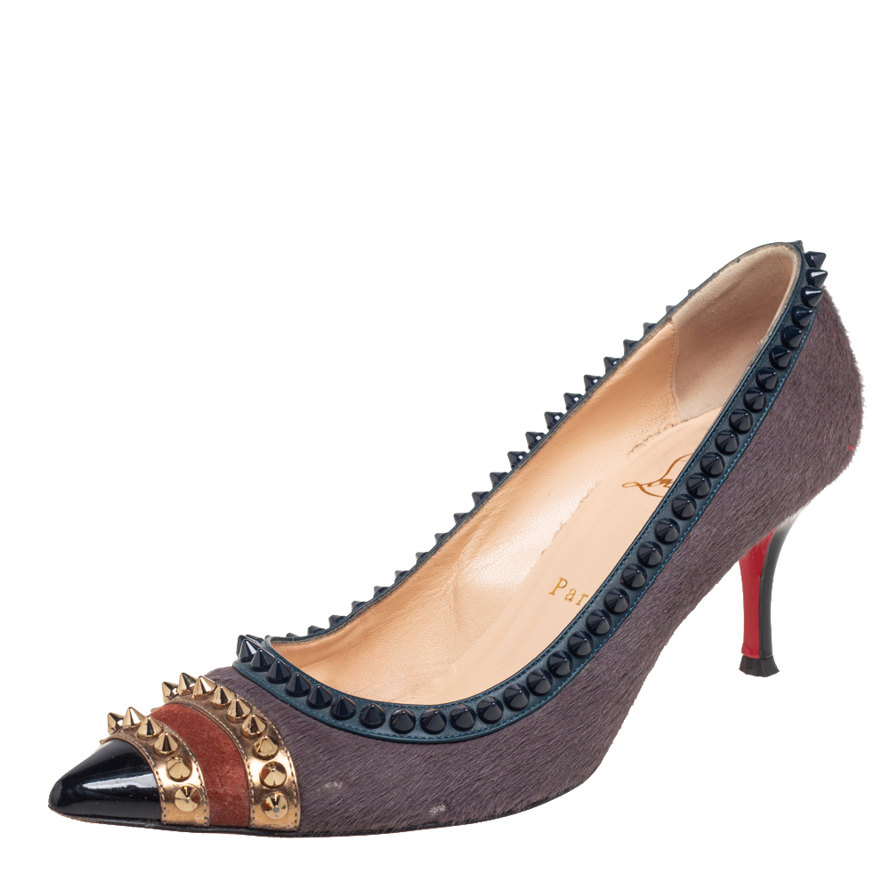 luxury-women-christian-louboutin-used-shoes-p551355-004-1 Christian Louboutin Multicolor Pony Hair and Leather Malabar Hill Spiked Pointed Toe Pumps Size 37.5