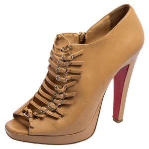 Christian Louboutin Beige Leather Manon Buckle Detail Open Toe Ankle Boots Size 41