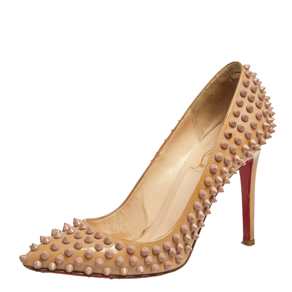 luxury-women-christian-louboutin-used-shoes-p551460-006-2 Christian Louboutin Beige Patent Leather Pigalle Spikes Pointed Toe Pumps Size 38