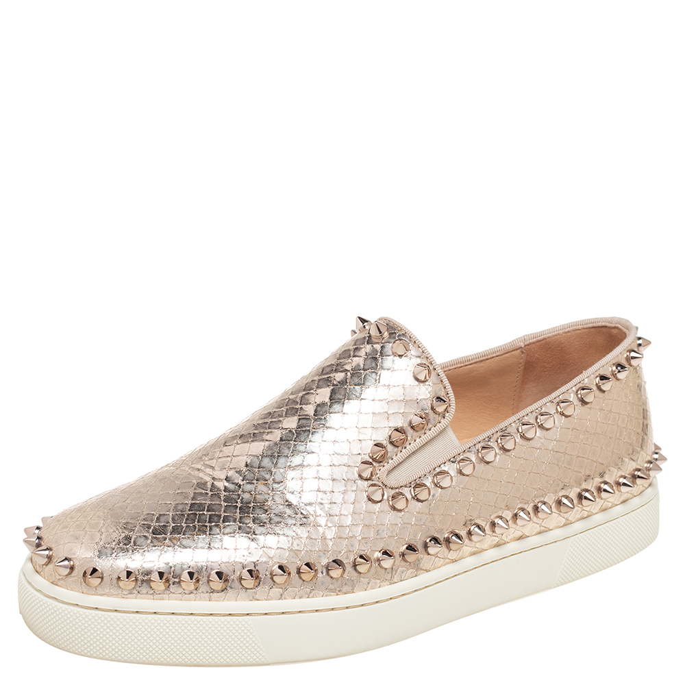 luxury-women-christian-louboutin-used-shoes-p551502-003-2 Christian Louboutin Gold Python Embossd Leather Spike Slip On Sneakers Size 37