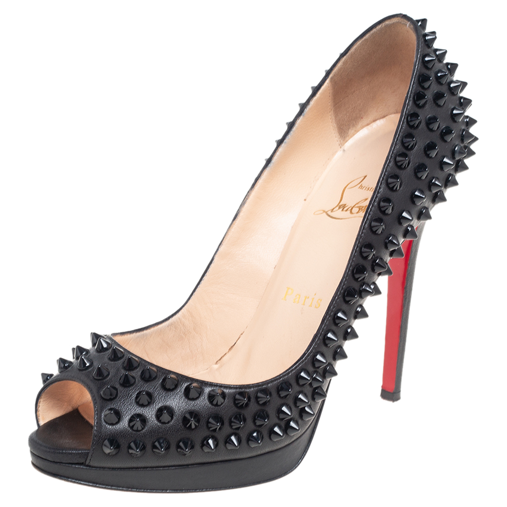 luxury-women-christian-louboutin-used-shoes-p551733-007-2 Christian Louboutin Black Leather Yolanda Spikes Peep Toe Pumps Size 37.5