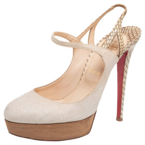 Christian Louboutin Beige Canvas and Snakeskin Fine Bretelle Slingback Pumps Size 39.5
