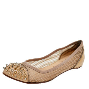 Christian Louboutin Beige Patent Leather and Mesh Spike Ballet Flats Size 40.5