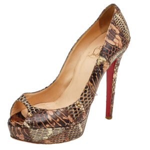 Christian Louboutin Brown Watersnake Patchwork Banana Peep Toe Platform Pumps Size 37.5