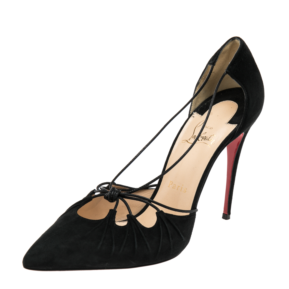 luxury-women-christian-louboutin-used-shoes-p562218-006 Christian Louboutin Black Suede Riri Pointed Toe Pumps Size 39.5