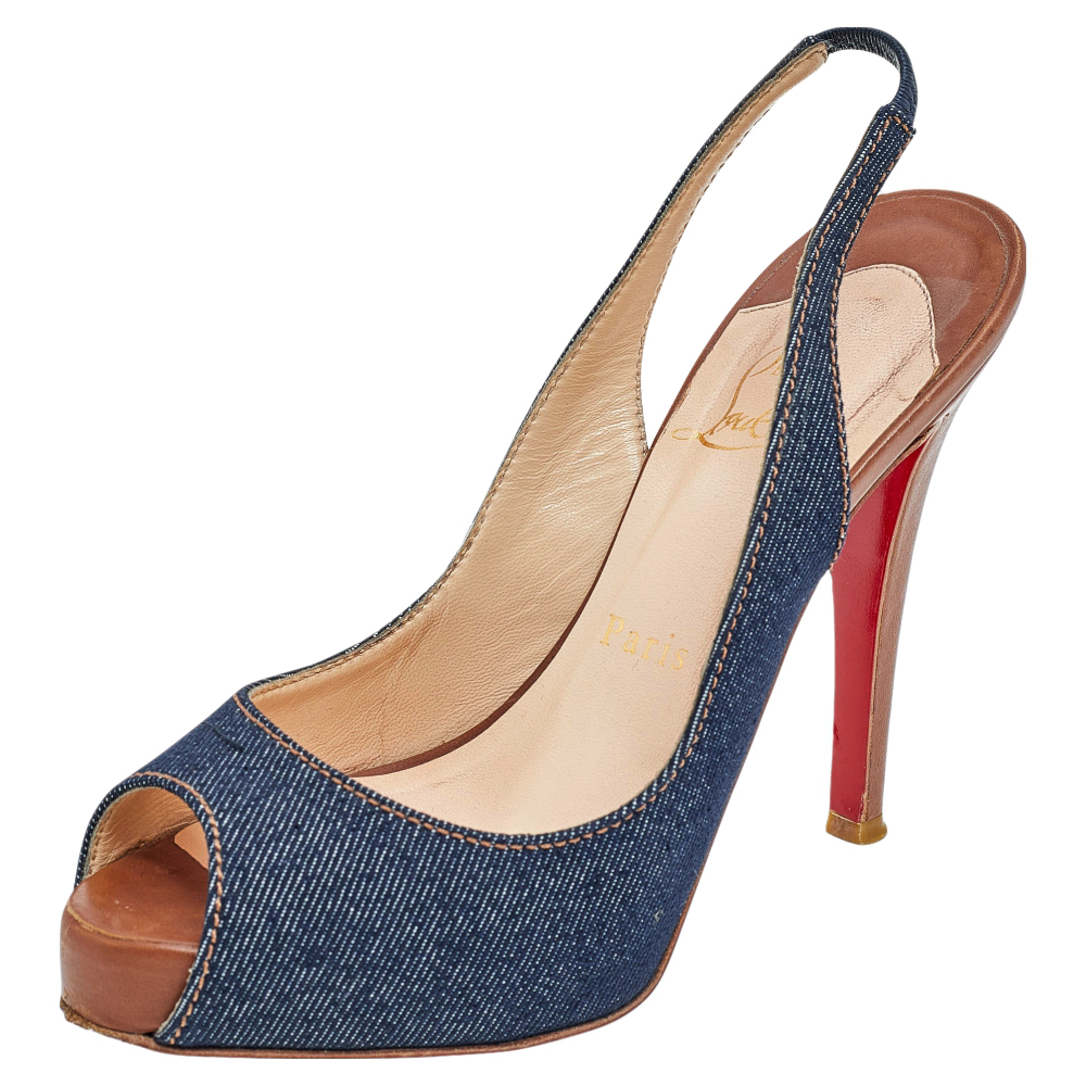 luxury-women-christian-louboutin-used-shoes-p565087-004-2 Christian Louboutin Blue Denim Fabric Lady Peep Toe Slingback Platform Sandals Size 36
