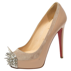 Christian Louboutin Beige Patent Leather and Suede Asteroid Spike Toe Pumps Size 37