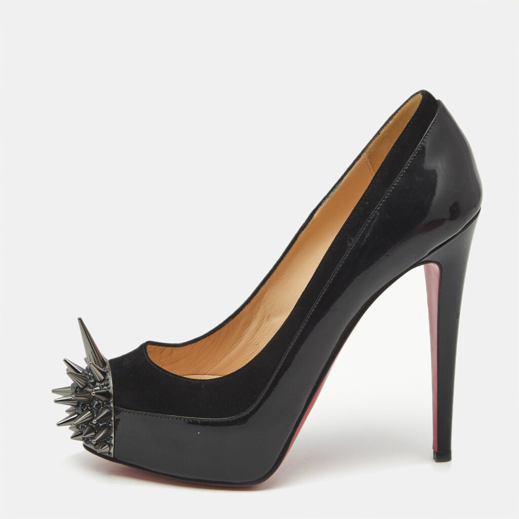 luxury-women-christian-louboutin-used-shoes-p568334-016-2 Christian Louboutin Black Patent Leather and Suede Asteroid Spikes Pumps Size 37