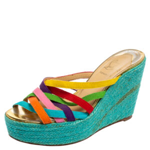 Christian Louboutin Multicolor Fabric Crepon Espadrille Wedge Sandals Size 37