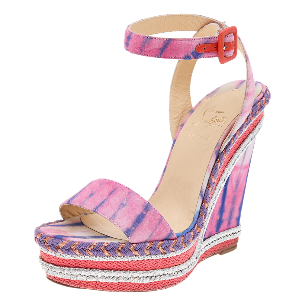 Christian Louboutin Multicolor Fabric New Duplice Ankle Strap Wedges Platform Sandals Size 39