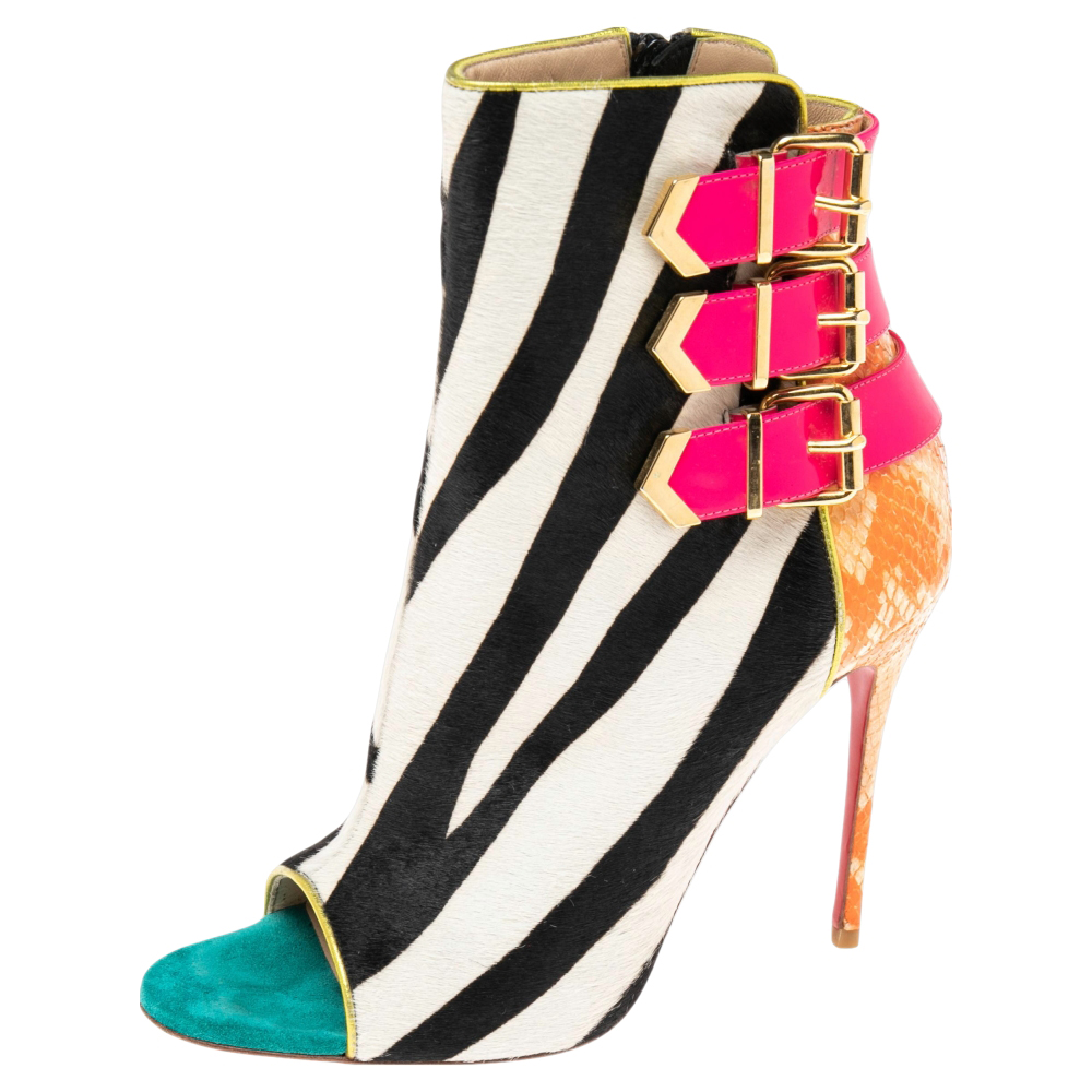 luxury-women-christian-louboutin-used-shoes-p584444-005 Christian Louboutin Multicolor Patent and Python Leather, Zebra Print Calf Hair Triboclou Ankle Boots Size 37