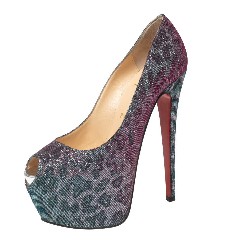 luxury-women-christian-louboutin-used-shoes-p584480-007-2 Christian Louboutin Two-Tone Leopard Print Lamé Fabric Highness Pumps Size 37.5