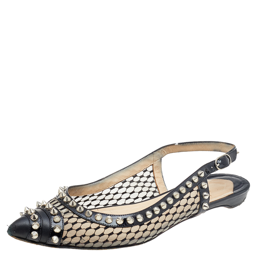 luxury-women-christian-louboutin-used-shoes-p586547-004-1 Christian Louboutin Black Leather And Mesh Spiked Flat Sandals Size 37
