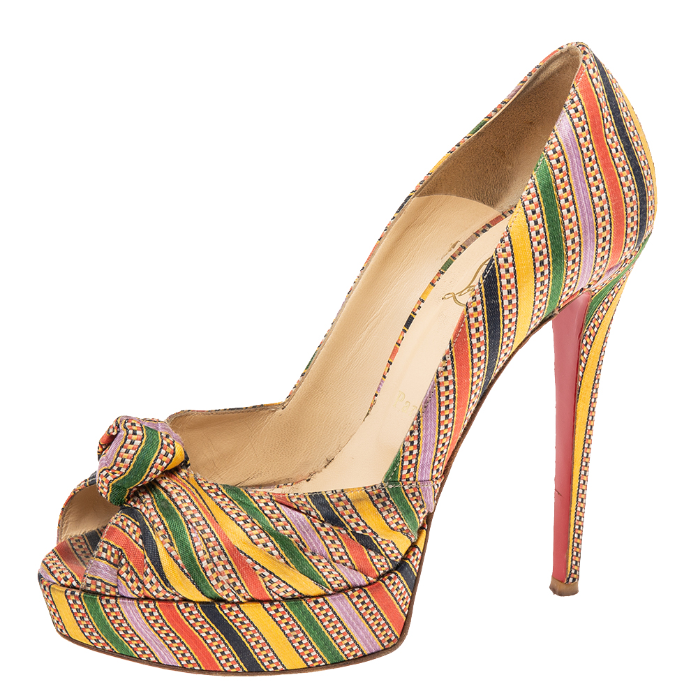 luxury-women-christian-louboutin-used-shoes-p589290-003-2 Christian Louboutin Multicolor Canvas Knotted Greissimo Platform Pumps Size 39