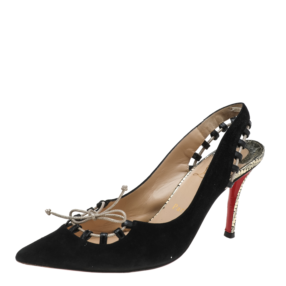 luxury-women-christian-louboutin-used-shoes-p595994-004-2 Christian Louboutin Black Suede Whipstitch Pointed Toe Slingback Sandals Size 38
