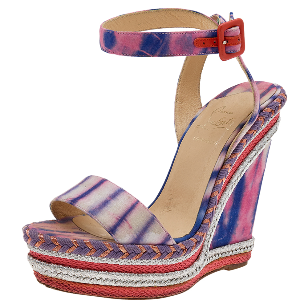 luxury-women-christian-louboutin-used-shoes-p598816-004 Christian Louboutin Multicolor Tie-Dye Fabric Duplice Platform Wedge Sandals Size 37