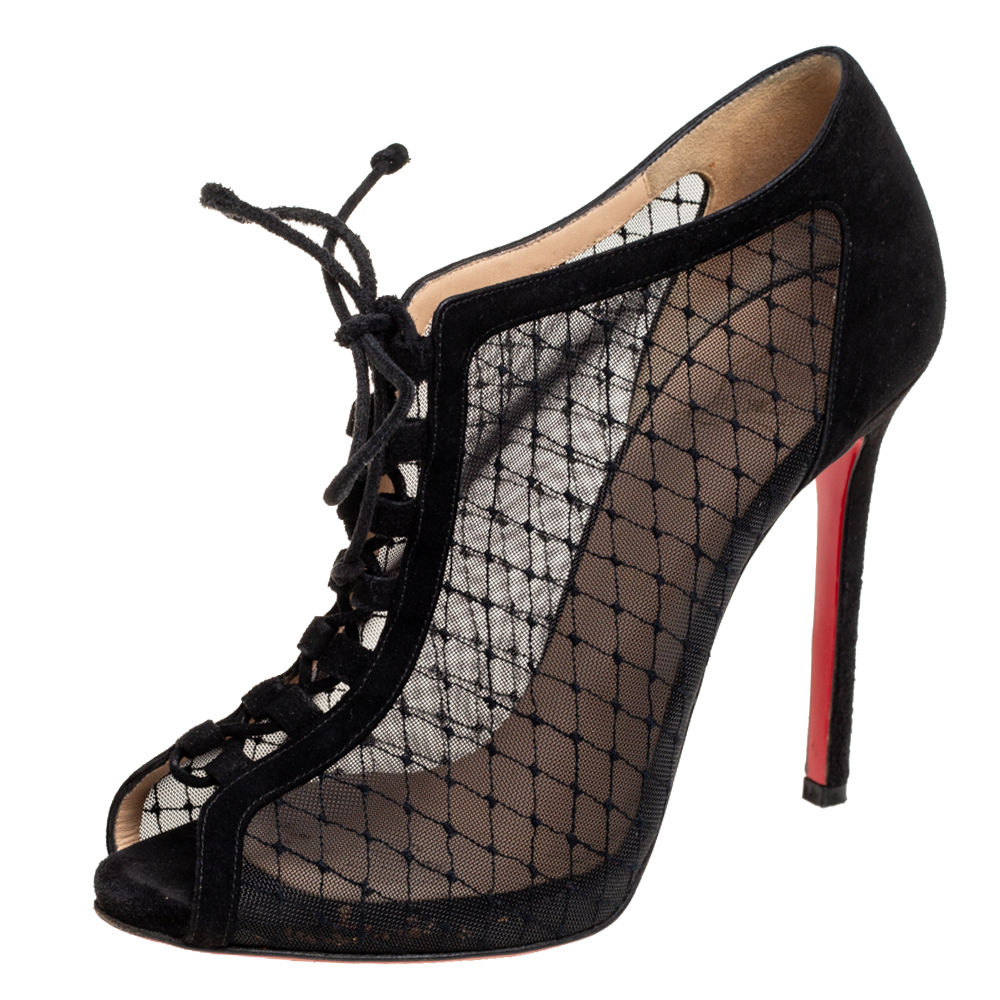 luxury-women-christian-louboutin-used-shoes-p601662-003-1 Christian Louboutin Black Mesh and Suede Lace-Up Peep-Toe Booties Size 38.5