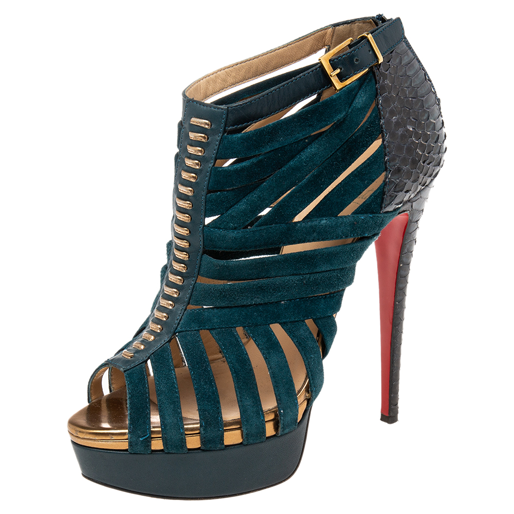 luxury-women-christian-louboutin-used-shoes-p601736-004-2 Christian Louboutin Dark Teal Suede and Python Leather Caged Karina Booties Size 38.5