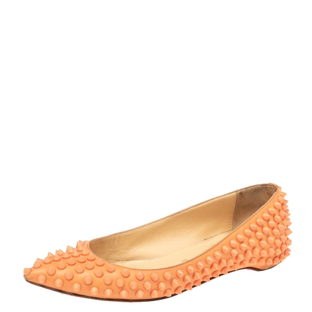 luxury-women-christian-louboutin-used-shoes-p608764-007-2 Christian Louboutin Orange Leather Spiked Ballet Flats Size 35.5