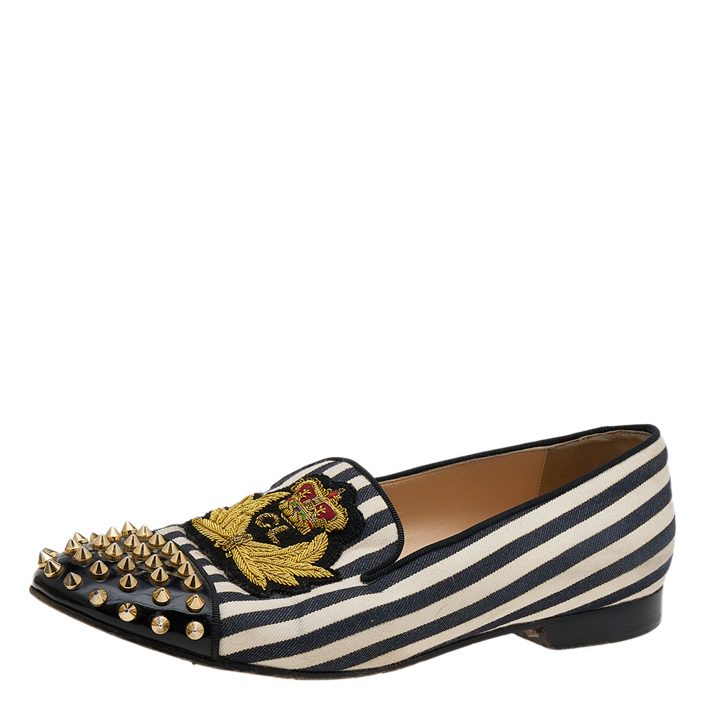 luxury-women-christian-louboutin-used-shoes-p611412-006-2 Christian Louboutin Multicolor Patent Leather And Canvas Havanana Spiked Smoking Slippers Size 40