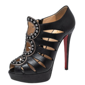 Christian Louboutin Black Leather Maralla Studded Cutout Booties Size 38.5