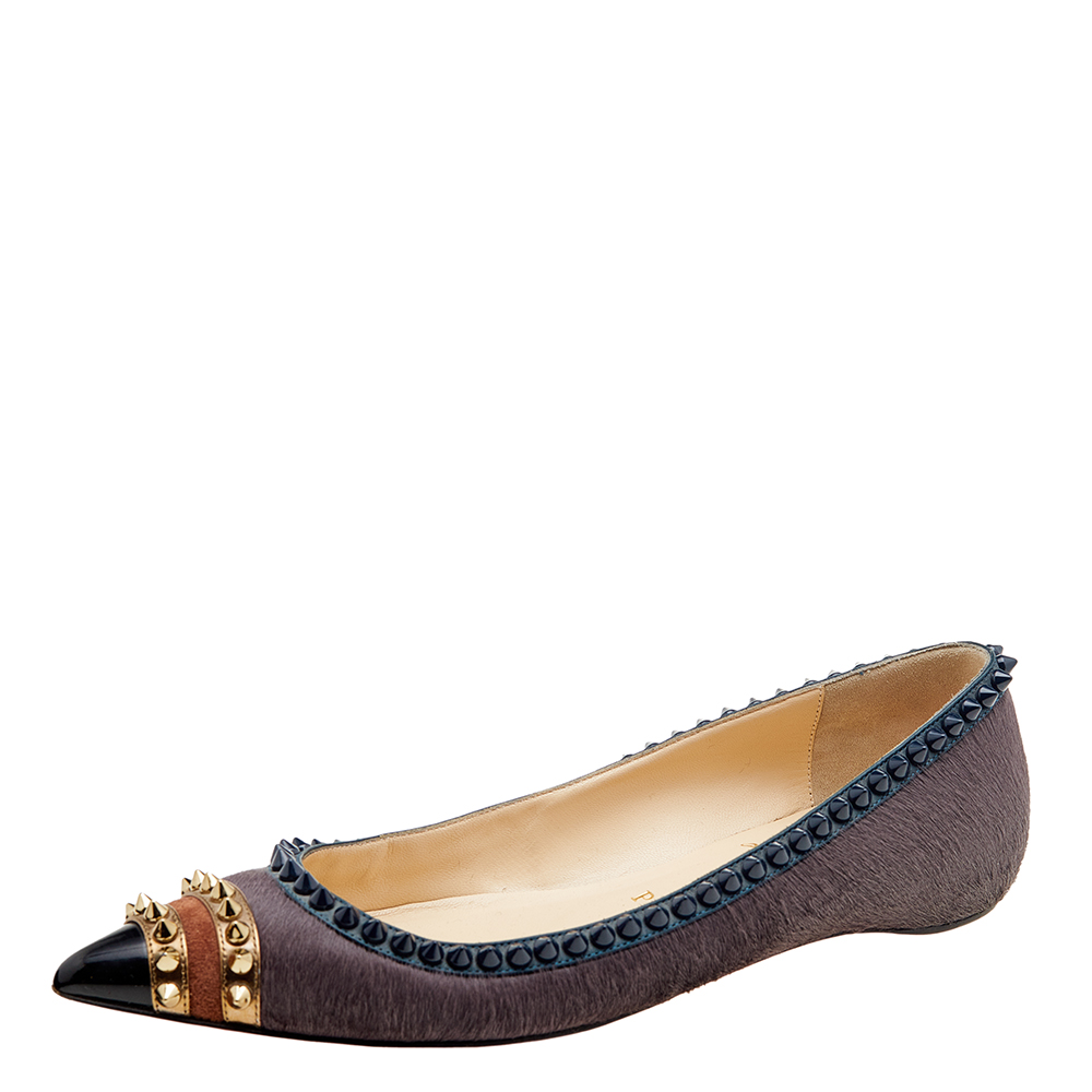luxury-women-christian-louboutin-used-shoes-p612722-005-2 Christian Louboutin Multicolor Calf Hair And Suede Spiked Malabar Hill Ballet Flats Size 38