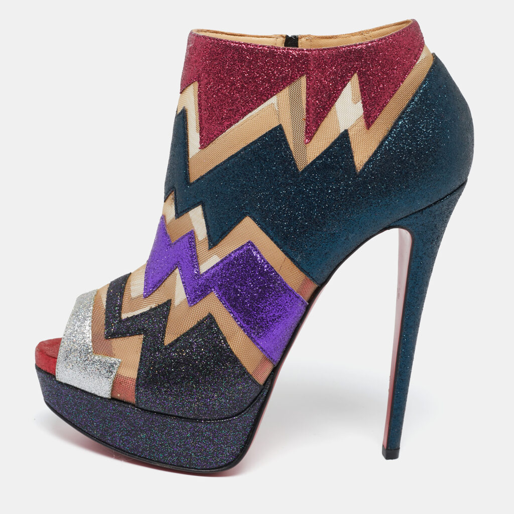 luxury-women-christian-louboutin-used-shoes-p622741-009-2 Christian Louboutin Multicolor Glitter and Mesh Ziggy Peep-Toe Ankle Booties Size 38