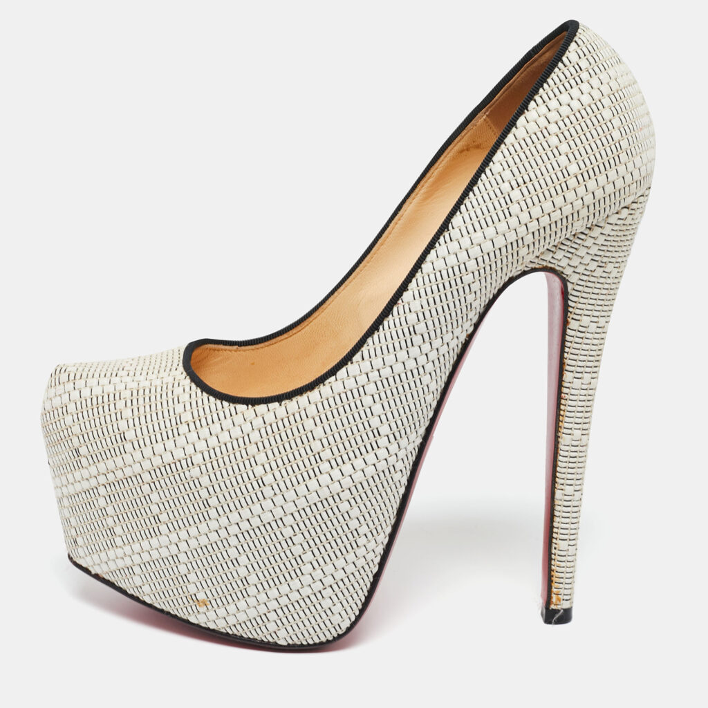luxury-women-christian-louboutin-used-shoes-p622772-010-2 Christian Louboutin White/Black Raffia Daffodile Platform Pumps Size 36.5