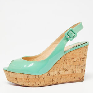 Christian Louboutin Green Patent Leather Peep Toe Wedge Sandals Size 36