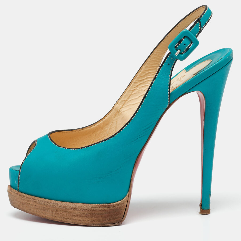 luxury-women-christian-louboutin-used-shoes-p627599-010-1 Christian Louboutin Turquoise Leather Peep-Toe Platform Slingback Sandals Size 38.5