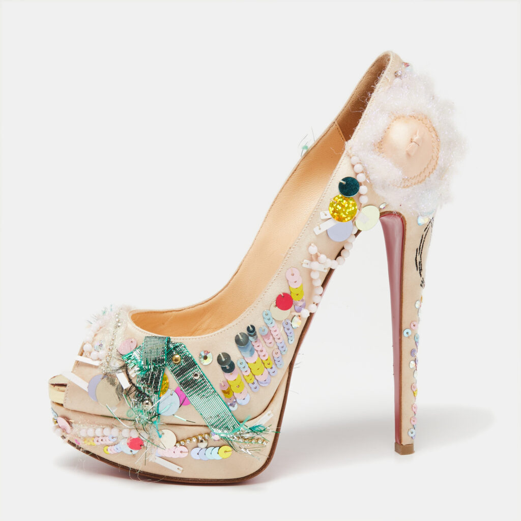 luxury-women-christian-louboutin-used-shoes-p631051-001-2 Christian Louboutin Beige Satin 'Make Up Trash' Lady Peep-Toe Pumps Size 38