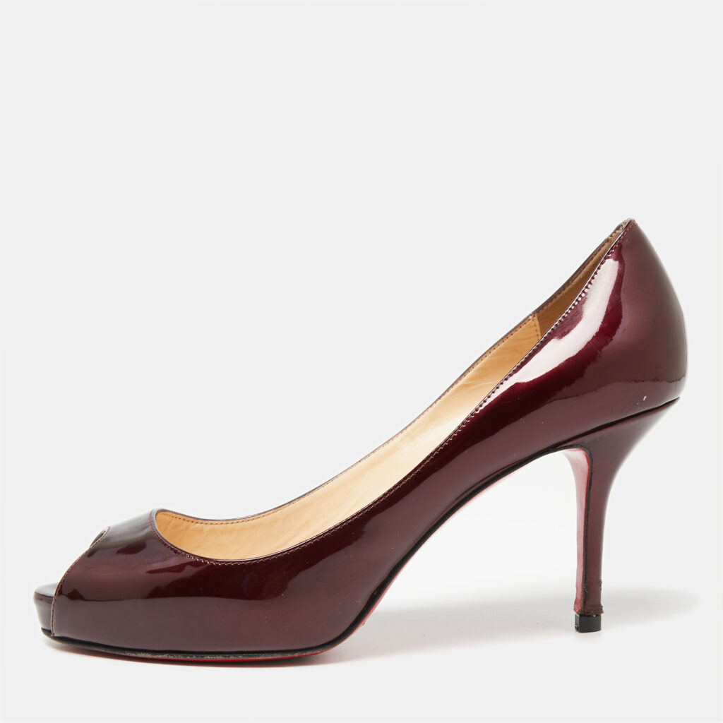 luxury-women-christian-louboutin-used-shoes-p632741-001-2 Christian Louboutin Burgundy Patent Leather Matar Claude Peep-Toe Pumps Size 37