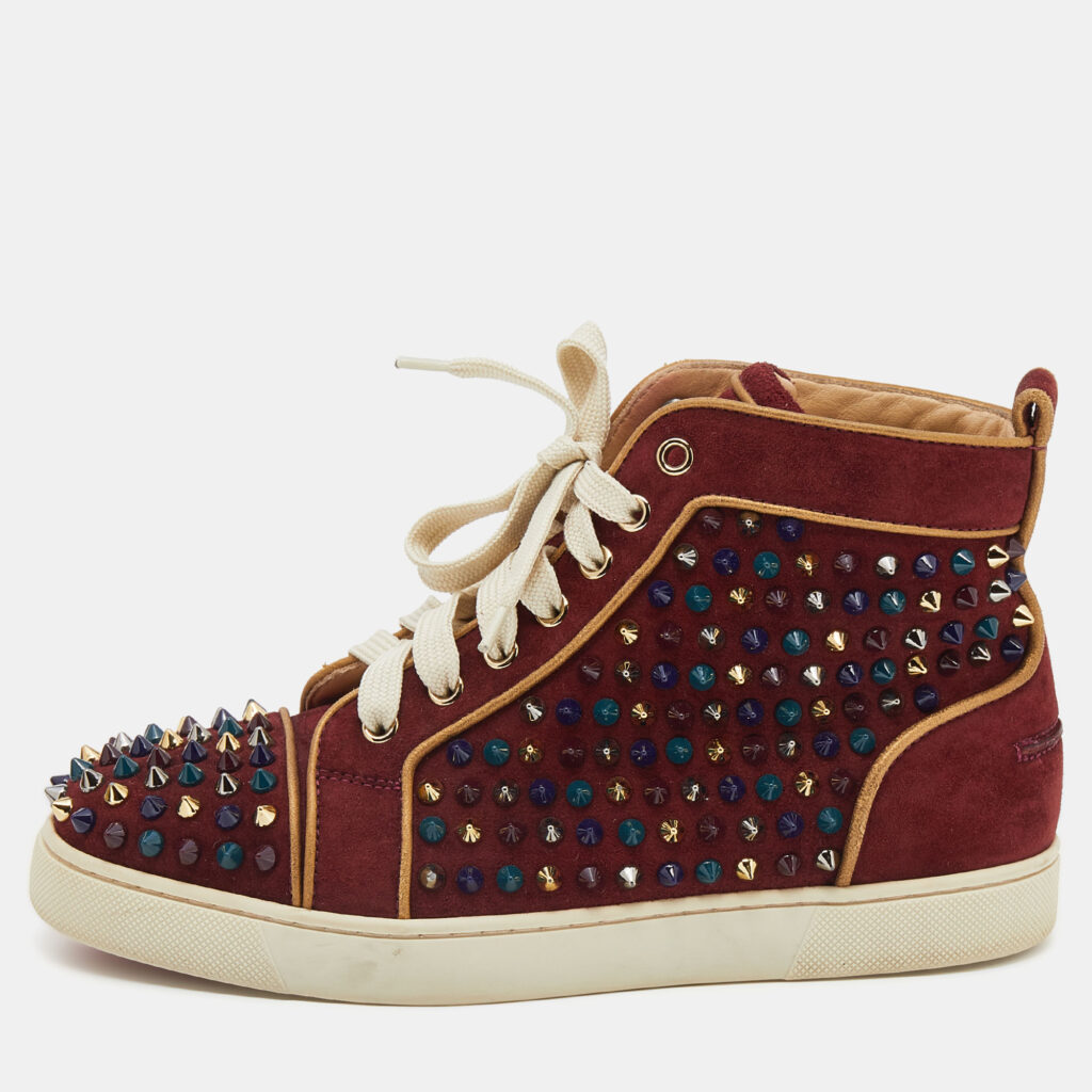 luxury-women-christian-louboutin-used-shoes-p638805-003 Christian Louboutin Burgundy Suede Louis Spikes High Top Sneakers Size 37.5