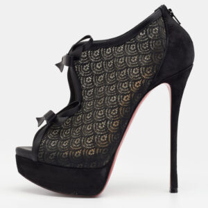 Christian Louboutin Black Suede, Lace and Mesh Empiralta Bow Open Toe Ankle Booties Size 37