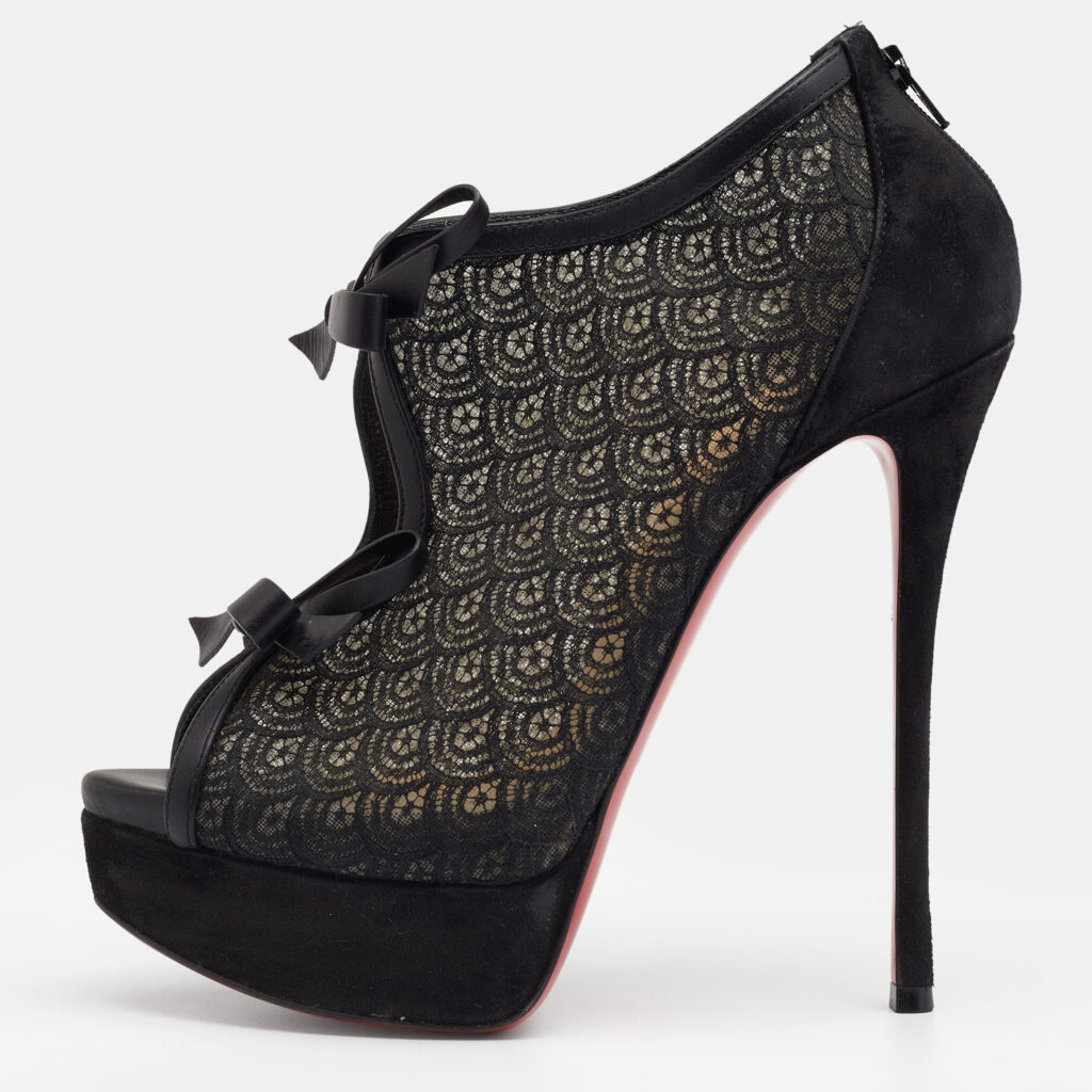 luxury-women-christian-louboutin-used-shoes-p641768-001-2 Christian Louboutin Black Suede, Lace and Mesh Empiralta Bow Open Toe Ankle Booties Size 37