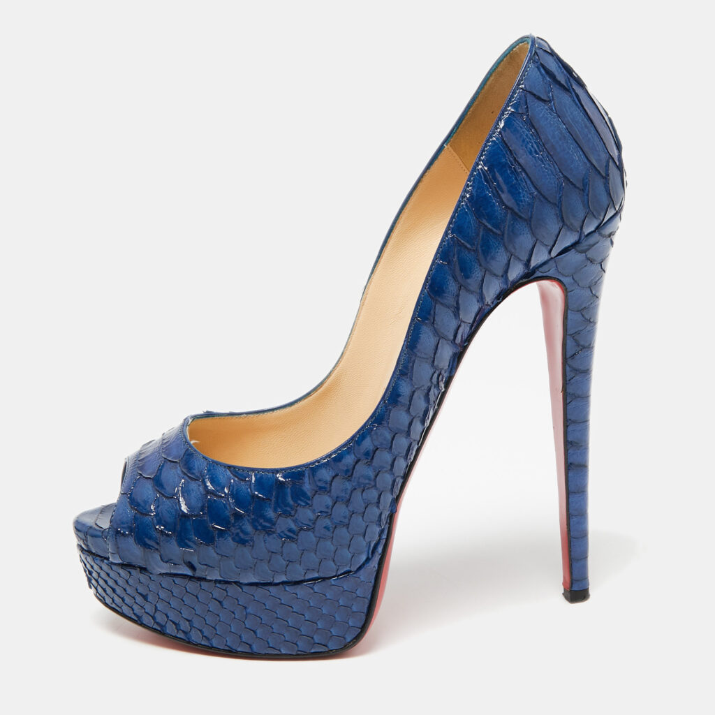 luxury-women-christian-louboutin-used-shoes-p644055-001-2 Christian Louboutin Blue Python Leather Lady Peep Platform Pumps Size 37