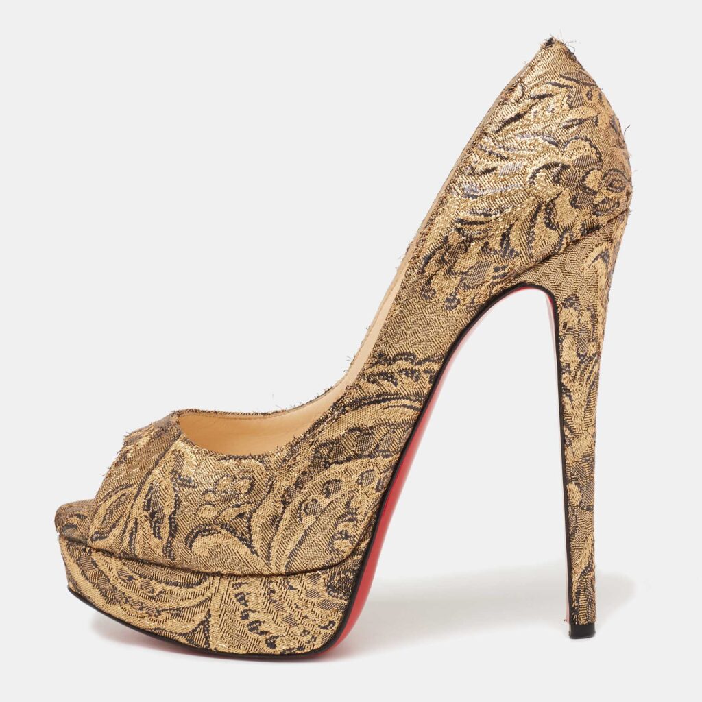 luxury-women-christian-louboutin-used-shoes-p645825-003-2 Christian Louboutin Gold Brocade Fabric Lady Peep-Toe Platform Pumps Size 38