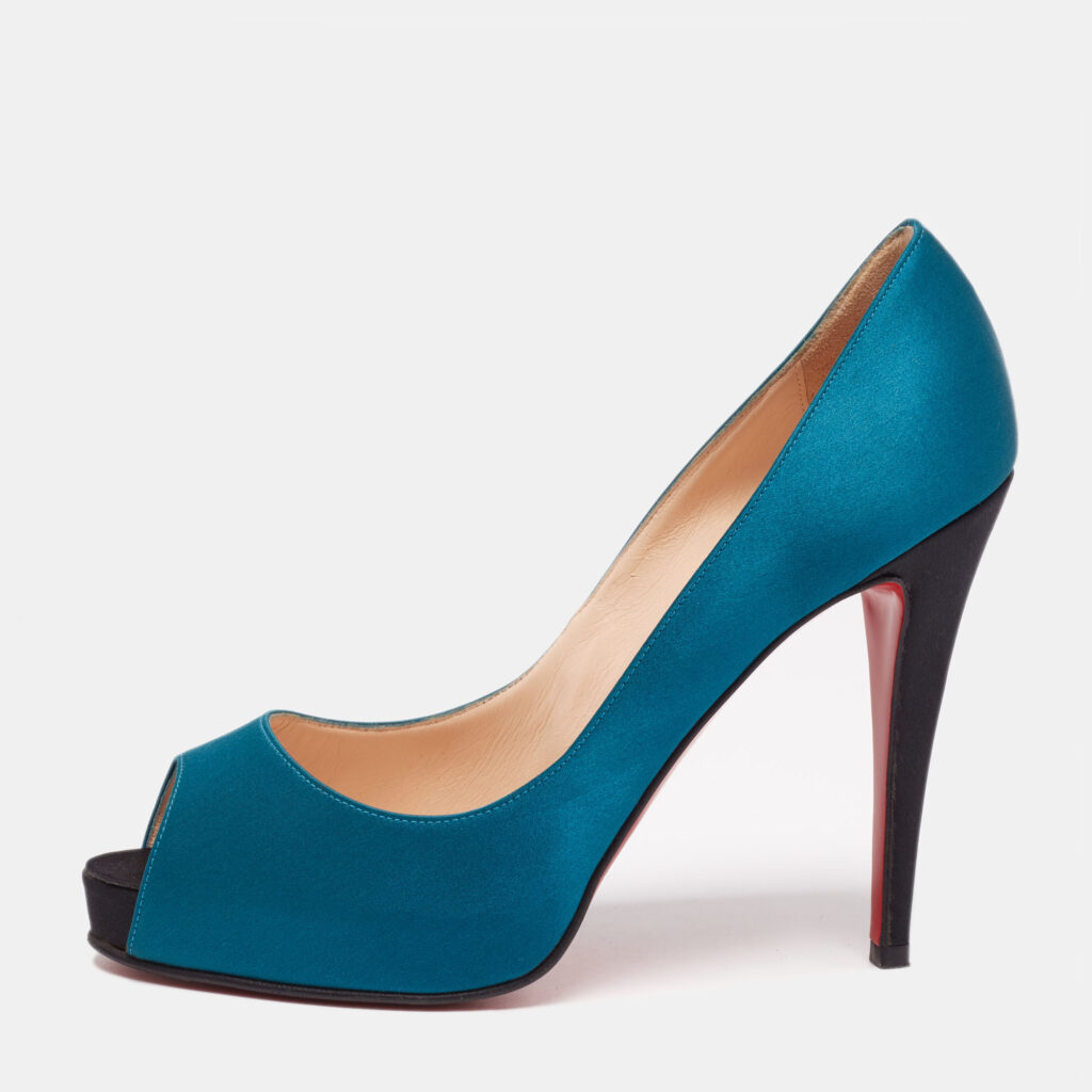 luxury-women-christian-louboutin-used-shoes-p647354-002-2 Christian Louboutin Blue/Black Satin Very Prive Peep Toe Platform Pumps Size 40
