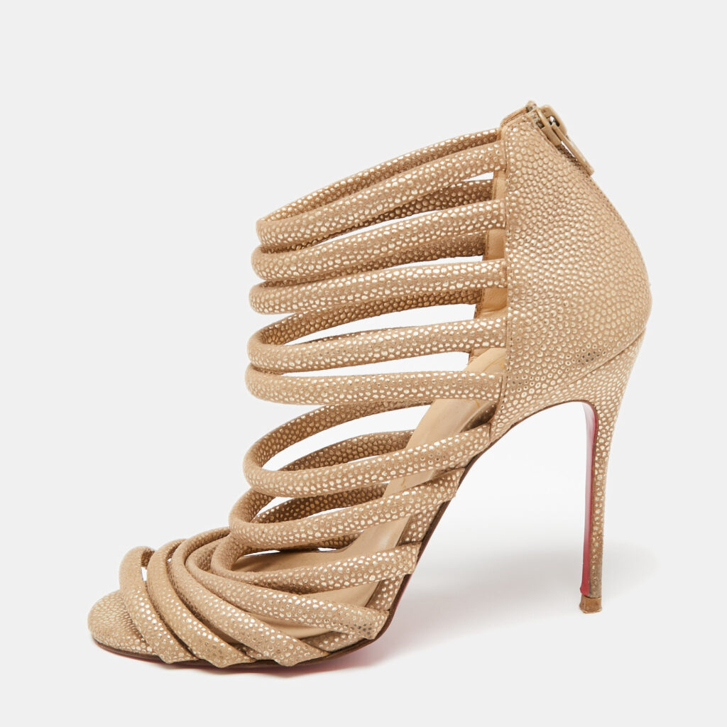 luxury-women-christian-louboutin-used-shoes-p647758-001-2 Christian Louboutin Gold/Brown Textured Suede Open-Toe Strappy Sandals Size 37
