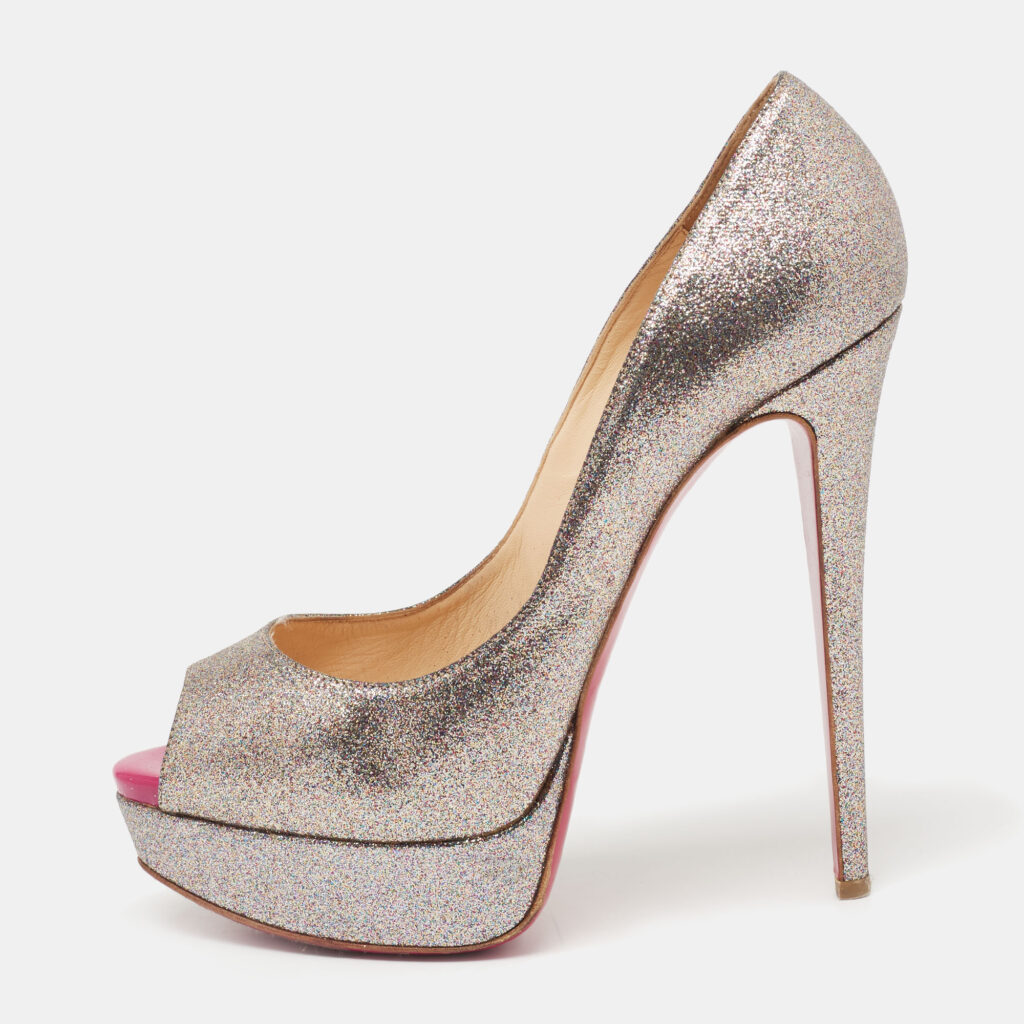 luxury-women-christian-louboutin-used-shoes-p647816-003-2 Christian Louboutin Metallic Multicolor Glitter Lady Peep Toe Platform Pumps Size 38.5