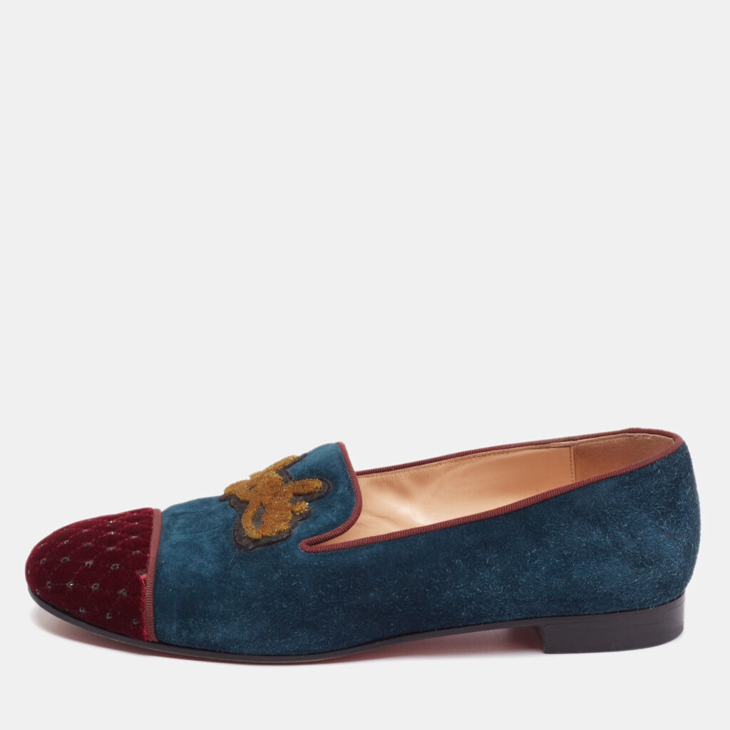 luxury-women-christian-louboutin-used-shoes-p648334-002-2 Christian Louboutin Tricolor Suede And Velvet I Love My Loubies Loafers Size 38.5