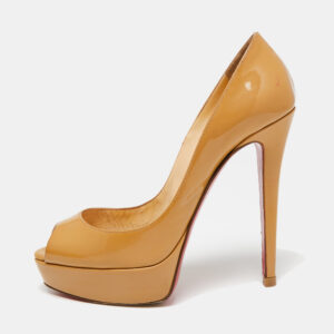 Christian Louboutin Beige Patent Leather Lady Peep-Toe Platform Pumps Size 38