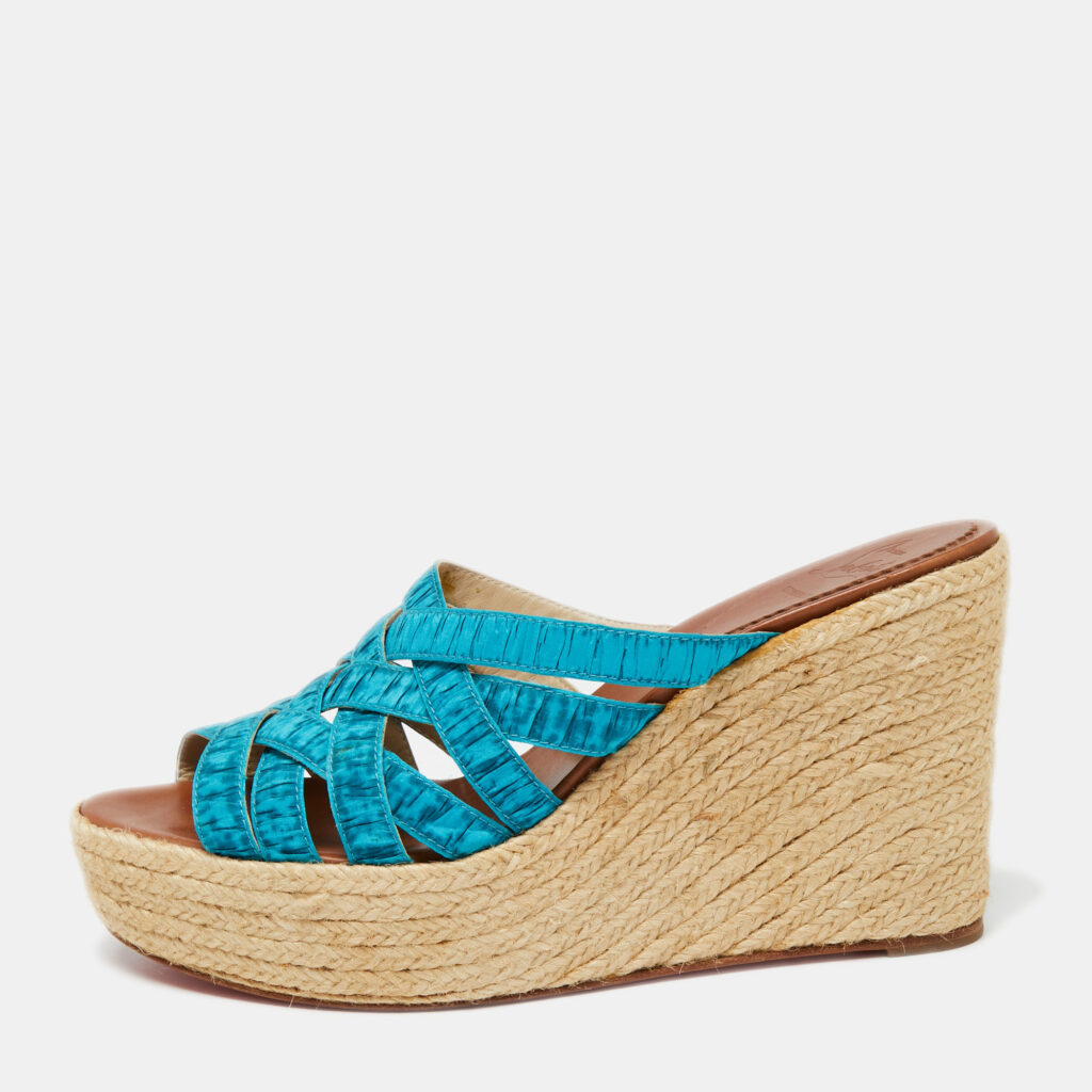 luxury-women-christian-louboutin-used-shoes-p651418-001-1 Christian Louboutin Two-Tone Pleated Fabric Crepon Espadrille Platform Wedge Sandals Size 41