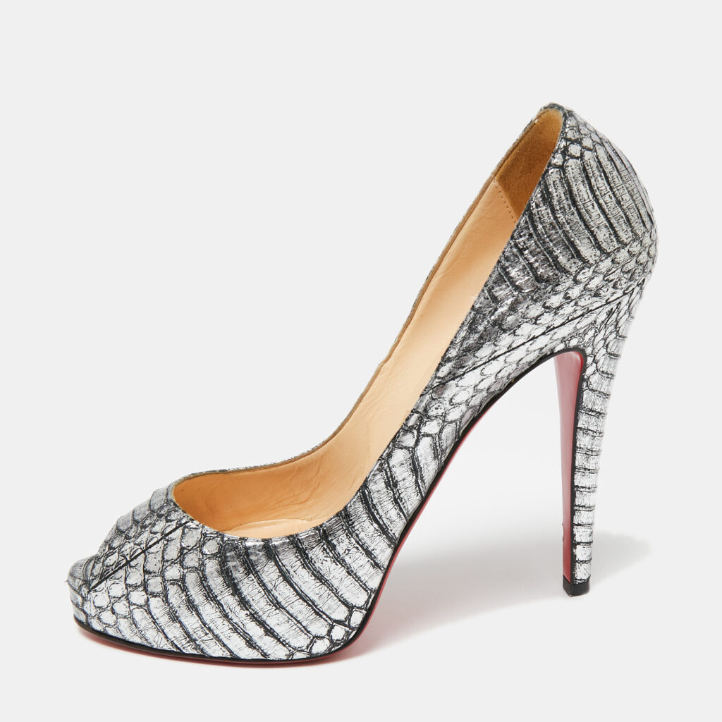luxury-women-christian-louboutin-used-shoes-p652559-001-1 Christian Louboutin Silver/Black Water Snake Leather Very Prive Peep-Toe Pumps Size 37